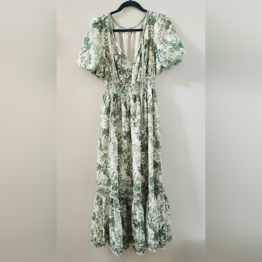 Green/Beige Floral Bird Toile Long Cottage Dress Max Studio Size S (B4)